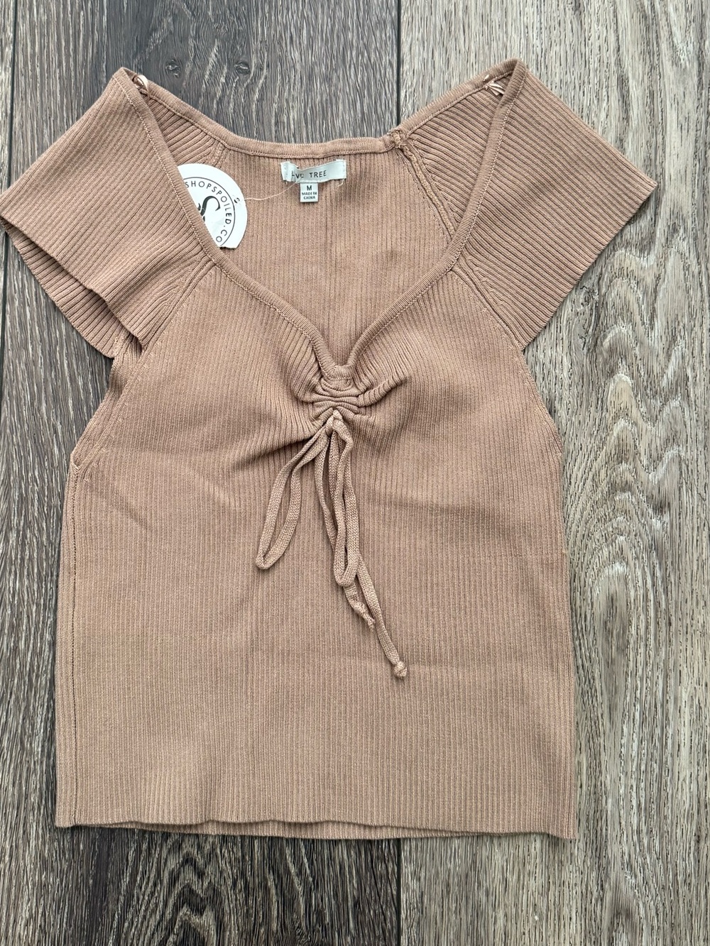 Love Tree Ribbed Tie-Front Crop Top - Tan